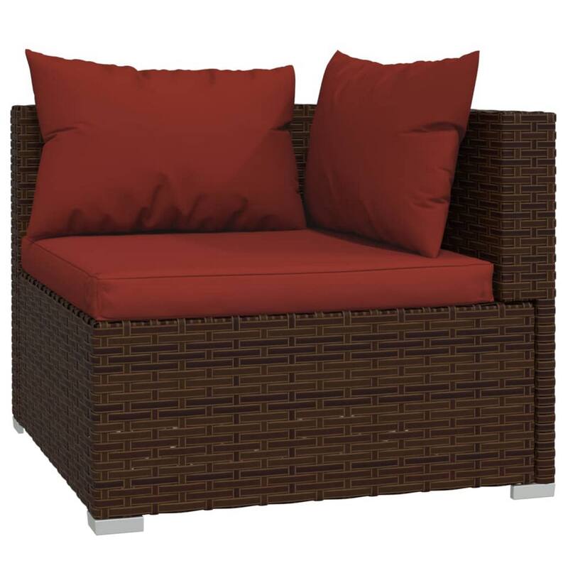Faye 7pc Modular Lounge Sofa Set, Brown Poly Rattan, Red Cushions