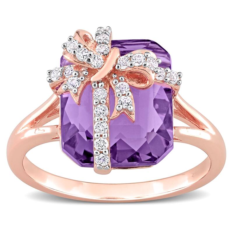 Miadora Octagon Amethyst & White Topaz Bow Split Shank Cocktail Ring in Rose Plated Sterling Silver