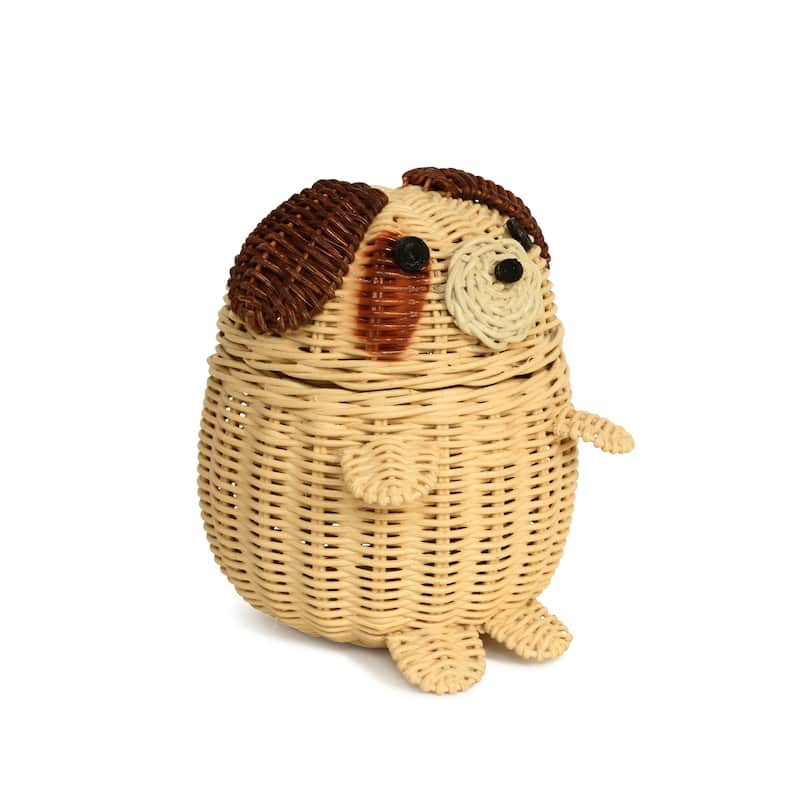 Dog Rattan Storage Basket with Lid Decorative Home Decor Hand Woven Shelf Organizer Cute Handmade Handcrafted Gift Artwork