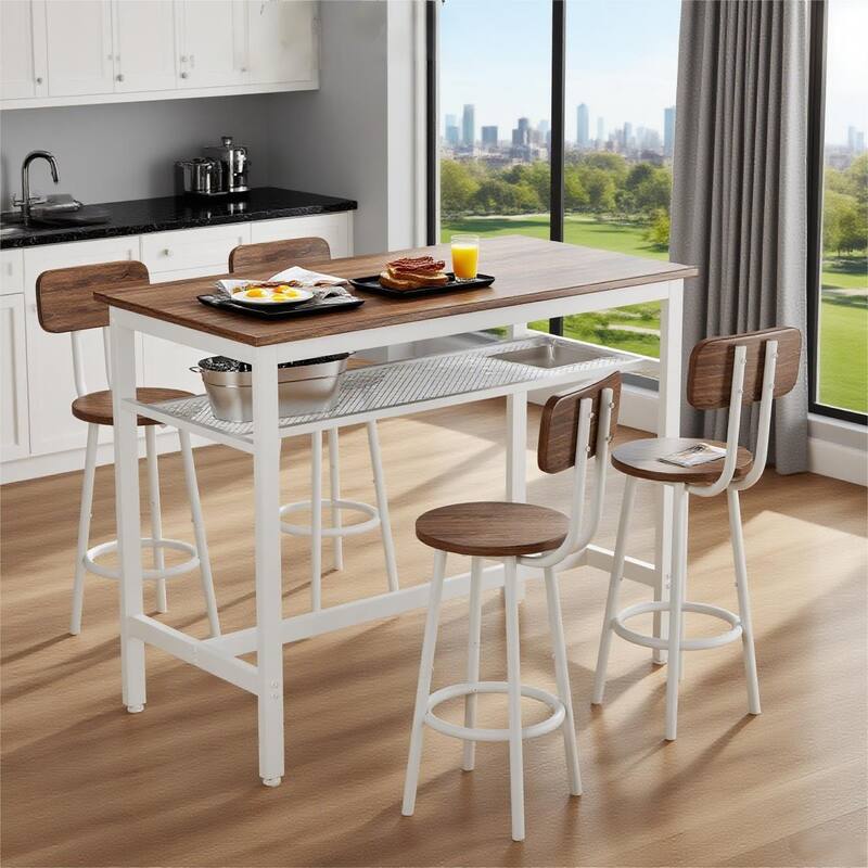Dining Bar Table Set for 4, 5 Piece Counter Height High Breakfast Wood Metal Table and Chairs