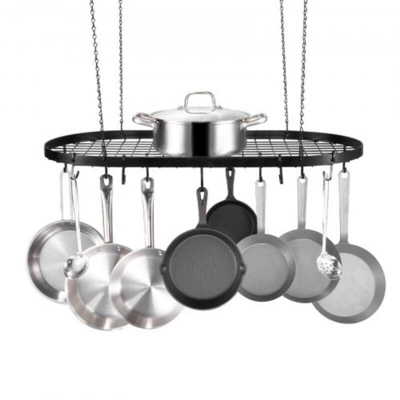 Black Carbon Steel Ceiling Mounted Hanging Pot Rack with S Shaped Hooks Ideal for Home or Restaurant - 32 Inch