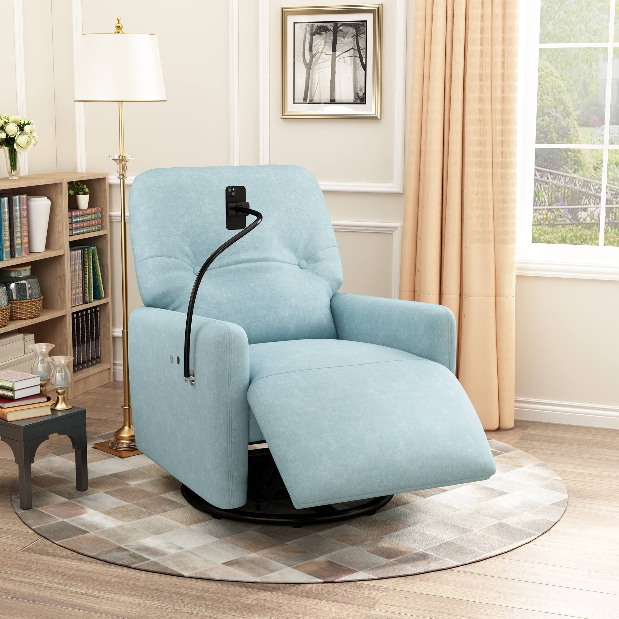 Blue Matte Velvet Power Recliners Swivel Barrel Chairs Accent Armchair