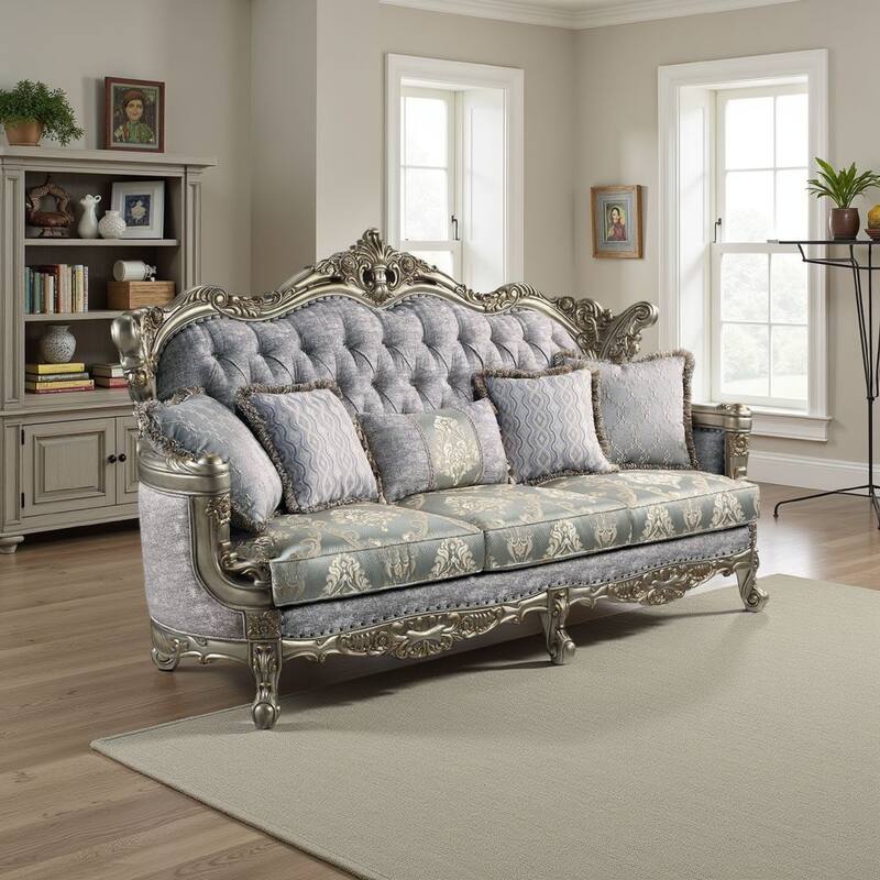 Royale Sofa, 5 Throw Pillows, Gray Fabric, Antique Bronze Wood 91 Inch
