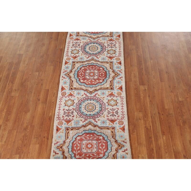 Geometric Beige Kazak Runner Rug Hand-knotted Wool Carpet - 2'6"x 7'10"