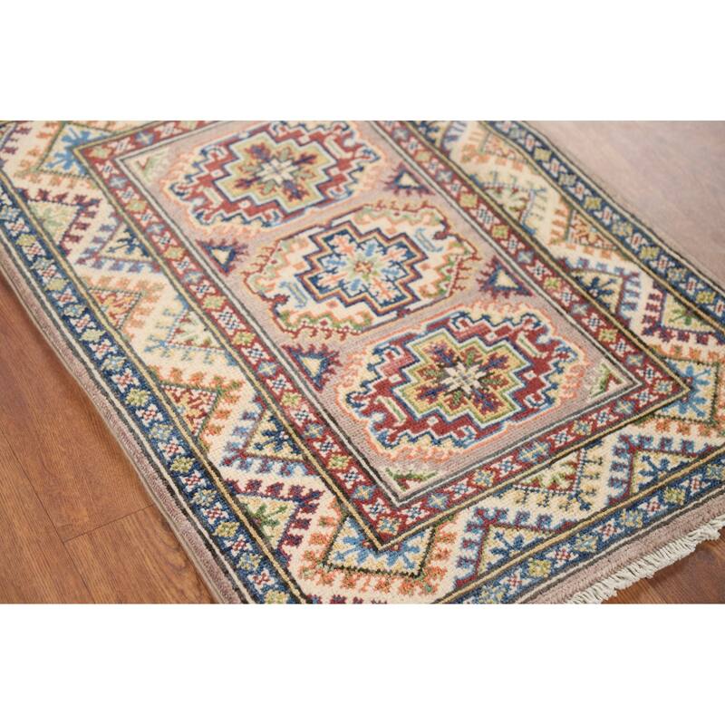Geometric Kazak Oriental Accent Rug Hand-Knotted Brown Wool Carpet - 2'1" x 2'10"