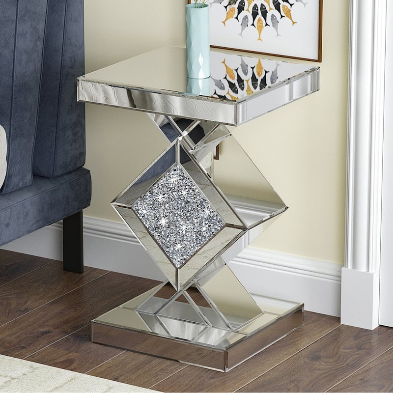 Modern Mirrored Glass Top End Table with Crushed Diamond