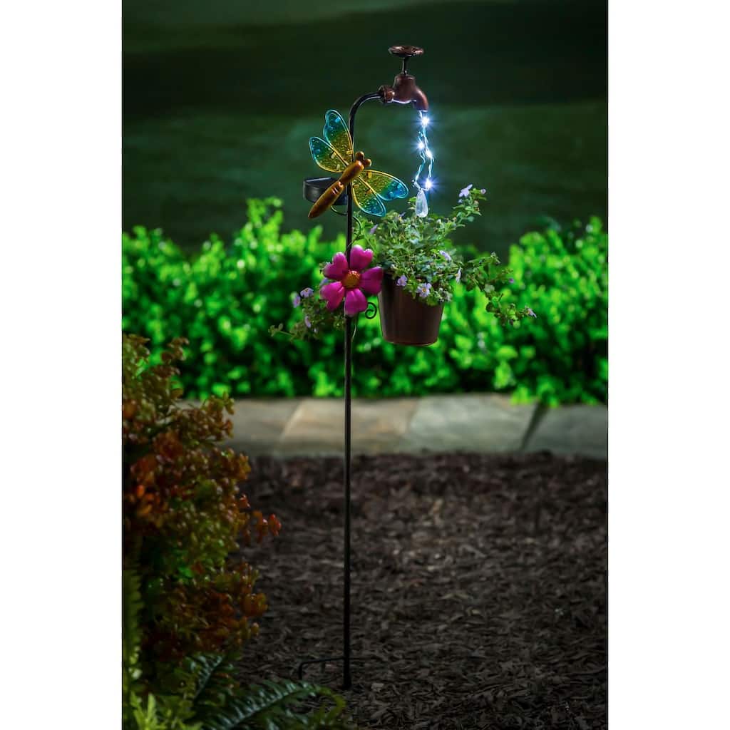 36.25"H Twinkling Light Solar Garden Stake, Dragonfly, Faucet Shaped