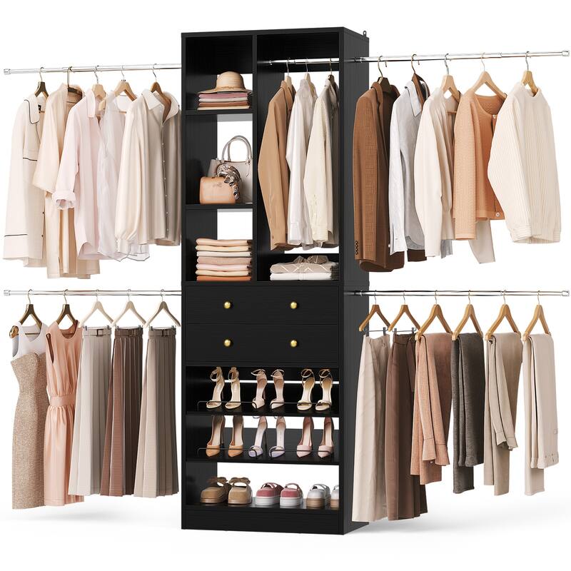 Closet Organizer with 5 Hanging Rods and 2 Drawers, Adjustable Closet System with Shelves and Shoe Rack