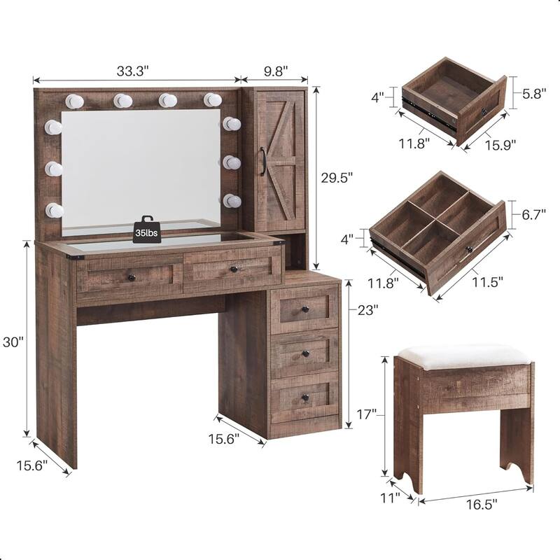 Farmhouse Vanity Makeup Desk with Charging Station, Makeup Table Set