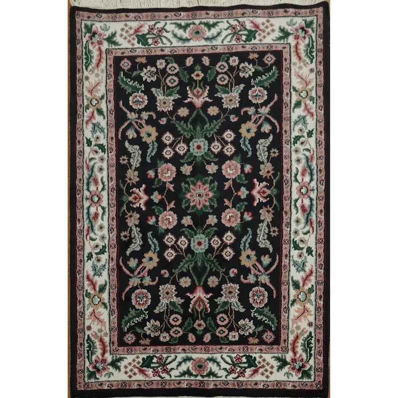 Hand Knotted Oriental 100% Wool Carpet Traditional All-Over Black Agra Area Rug - 6' 1'' X 4' 0''
