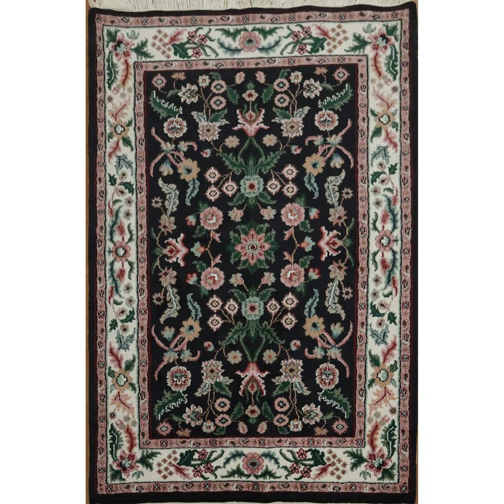 Hand Knotted Oriental 100% Wool Carpet Traditional All-Over Black Agra Area Rug - 6' 1'' X 4' 0''