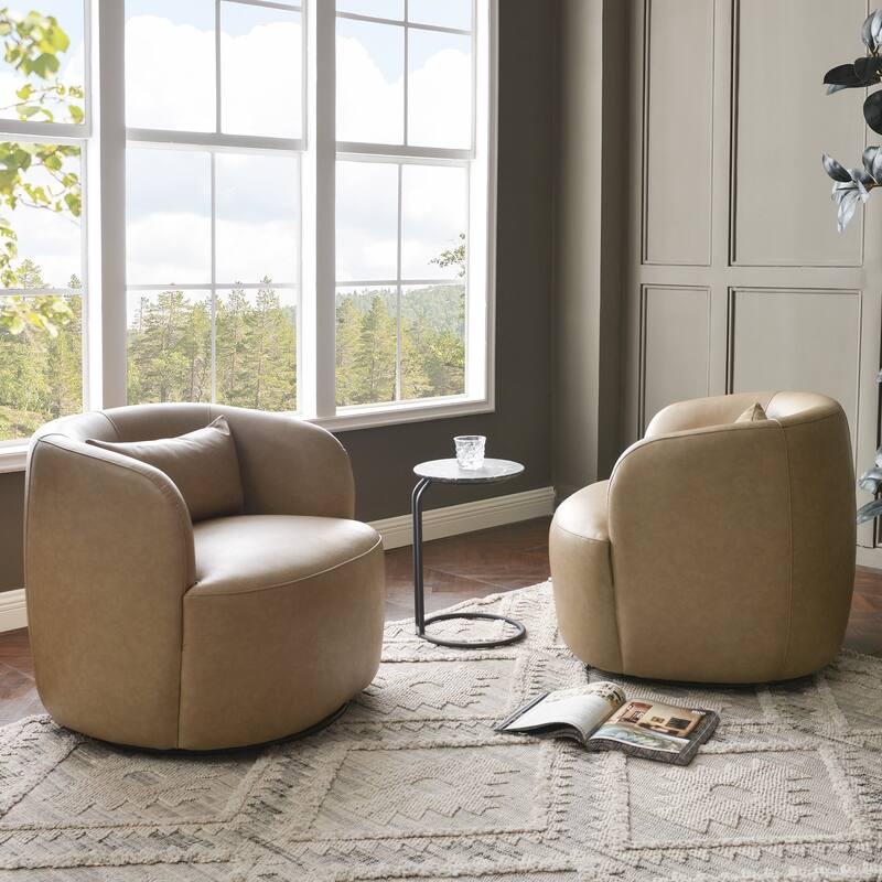 KINWELL 34" Wide Swivel Faux Leather Barrel Armchair Upholstered PU Leather Accent Chairs for Living Room Office Lounge