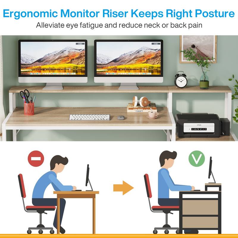 63" Computer Desk with Monitor Stand, Ergonomic Home Office Desks with Drawers File Cabinet