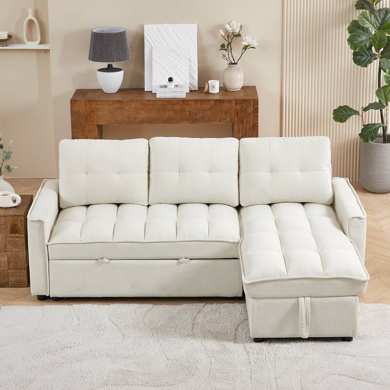 L-Shaped Reclining Sofa with Pull-Out Bed, USB Charging Ports and Storage, Arm Side Organizer for Living Room Comfort