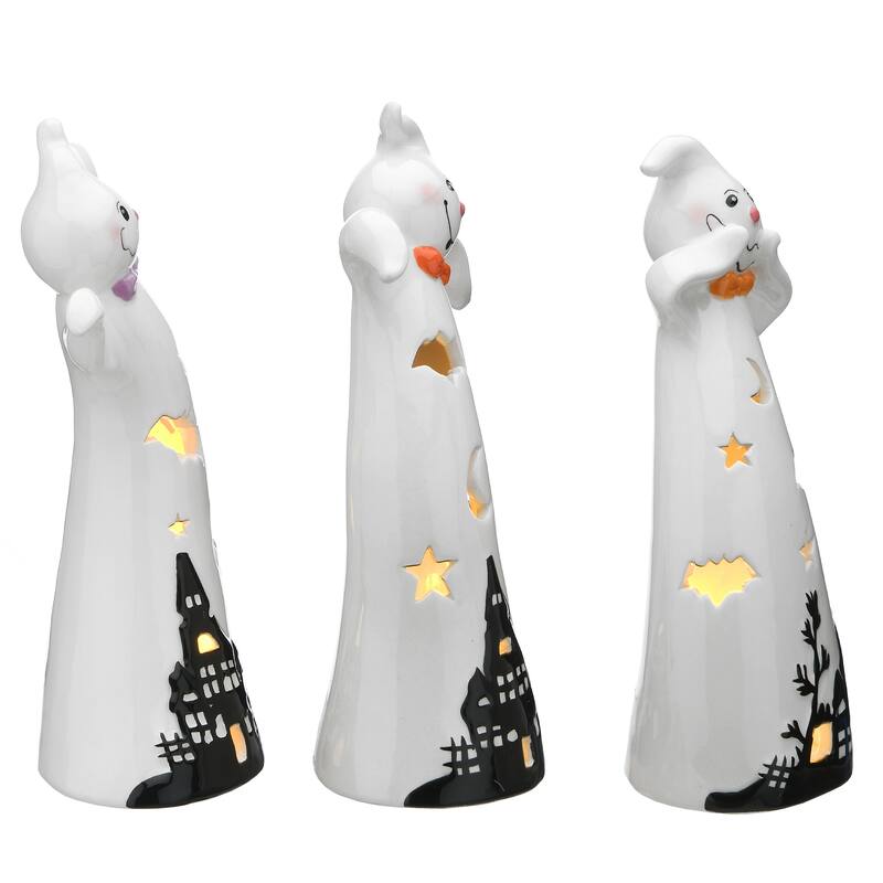National Tree Company Halloween Three Dancing Ghosts Ceramic Decoration, LED Lights, Pack of 3, 7 inches - 7 in