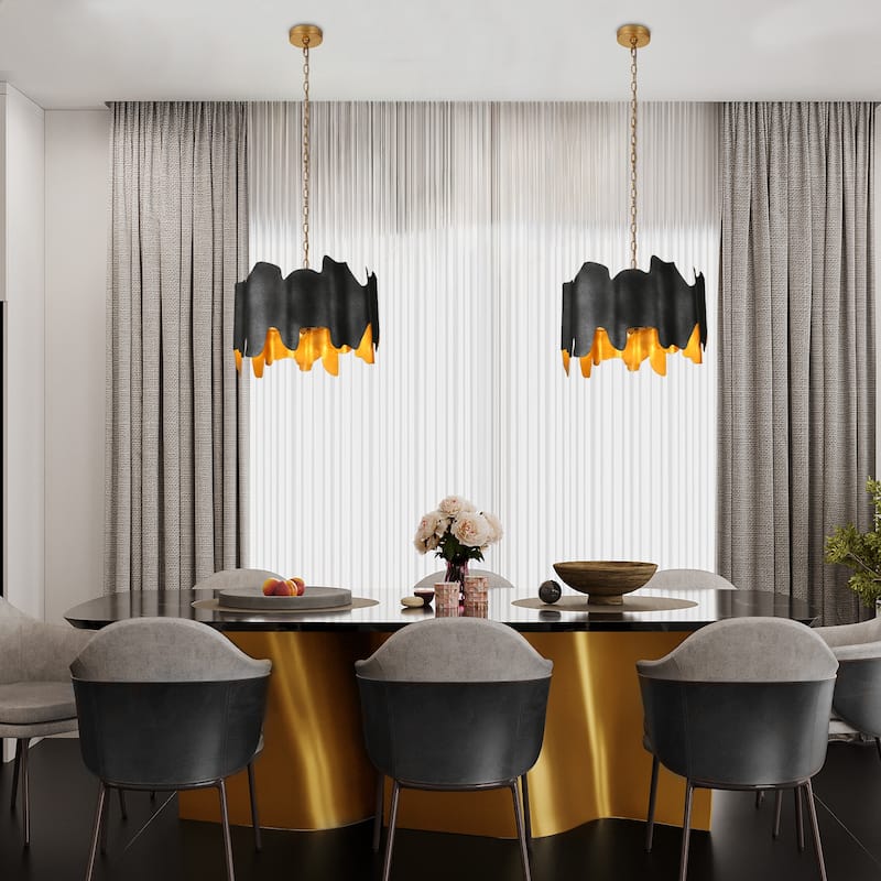 Modern 4-Light Drum Black Gold Chandelier for Dining Room Bedroom - 18.9" Dia. x 12.6" H