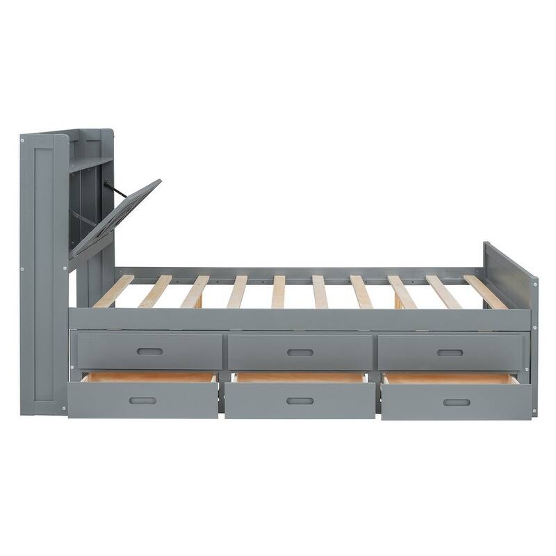 Wooden Platform Bed with Twin Size Trundle and 2 Drawers Underneath, Twin/Full Size Bed Frame with Storage Headboard and Outlets