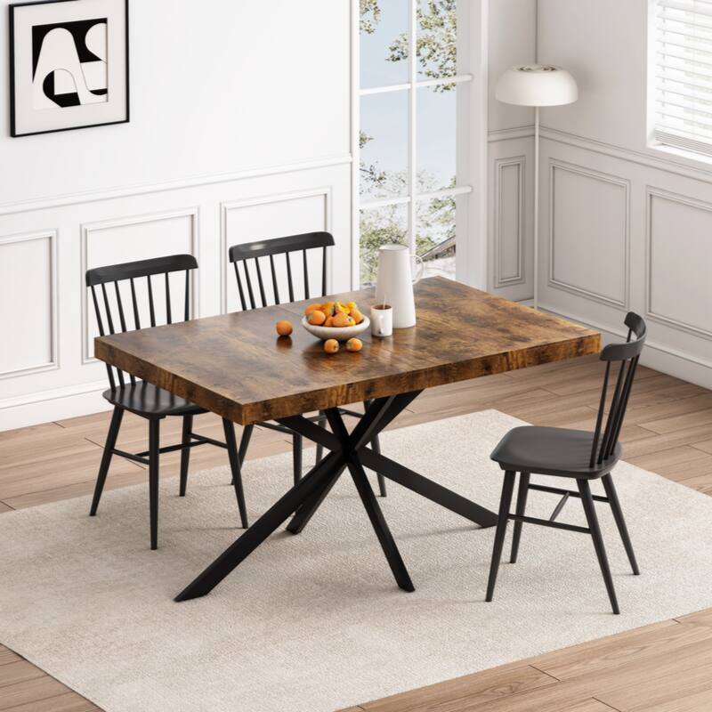 55.11" -70.86"Retro Rectangular Stretch Dining Table, Antique Wood Top And Black Relief Plate - Black Brown