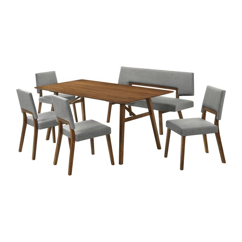 Yumi 6 Piece Dining Table Set, Chairs, Bench, Gray Fabric, Wood Brown - Gray, Brown