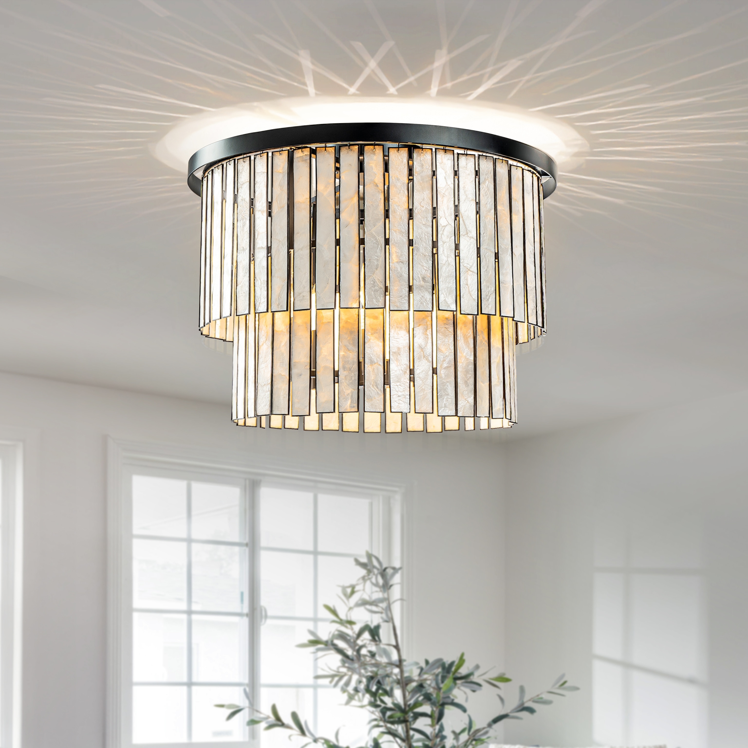 Matte Black Coastal Natural Capiz Round Flush Mount 5 Light Modern Ceiling Light Fixture for Living Room and Dining Room W19.7