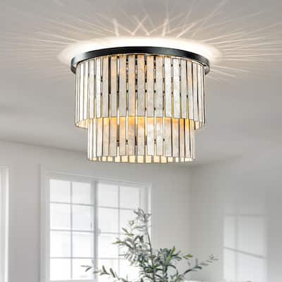Matte Black Coastal Natural Capiz Round Flush Mount 5-Light Modern Ceiling Light Fixture for Living Room and Dining Room