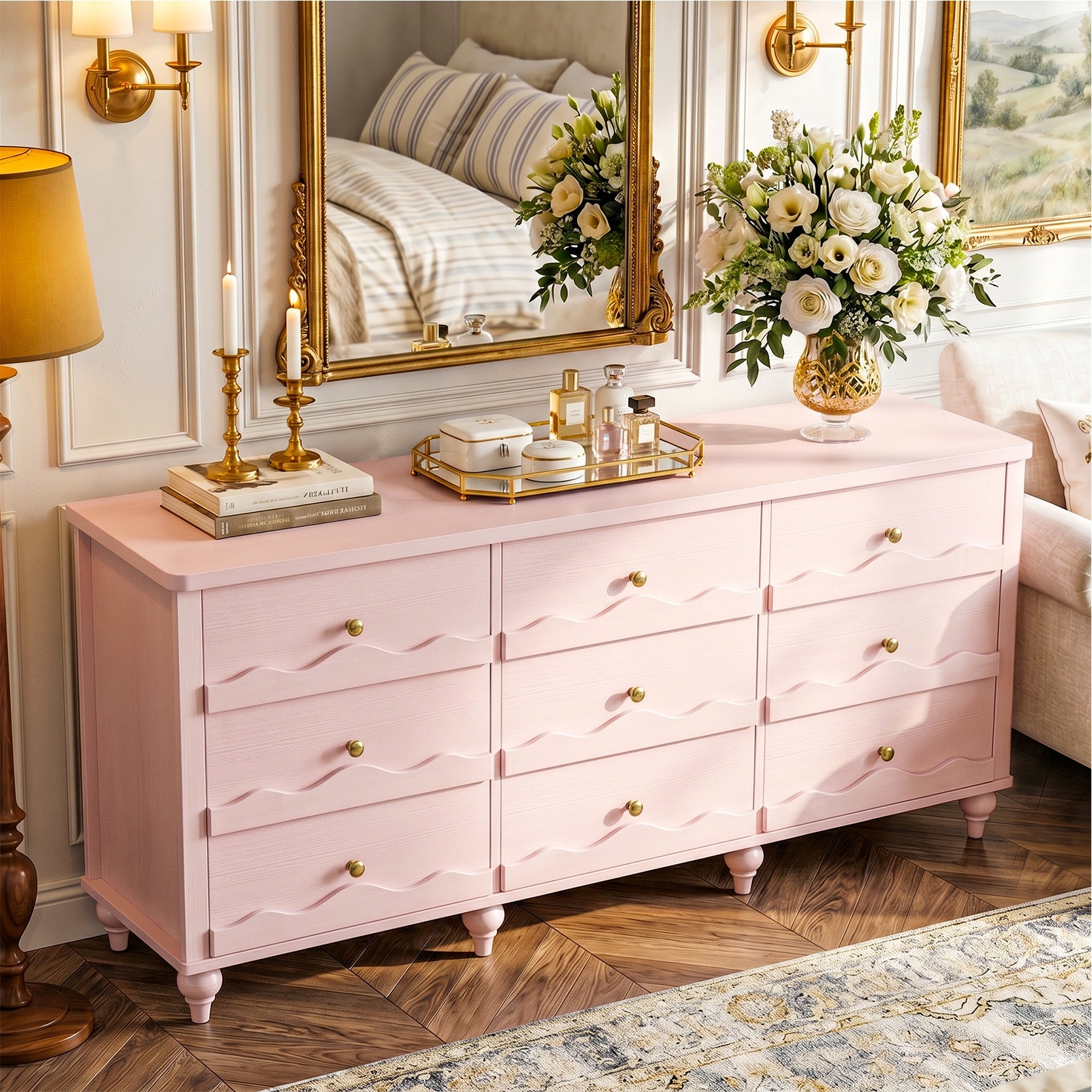 light pink dresser CosmoLiving by Cosmopolitan Westerleigh 4-Drawer Dresser, Pale pink finish and feminine details like ribbon scrollwork and crystal drawer pulls Pink Dresser for a Baby