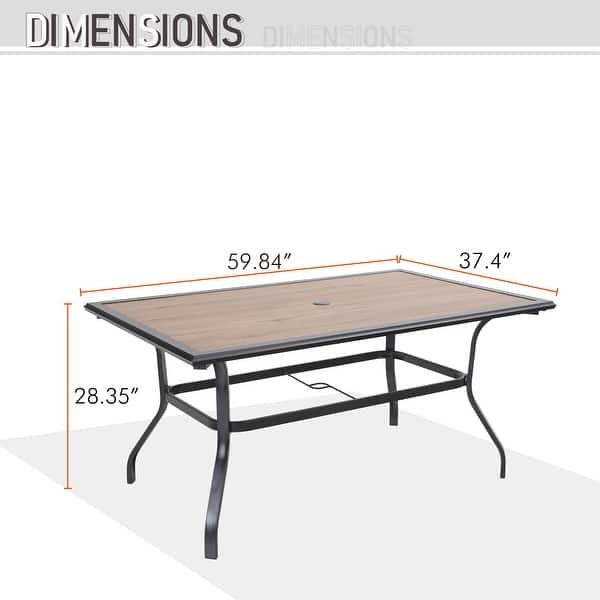 Wood-look PVC Patio Dining Table Steel Large Rectangular Table with Umbrella Hole
