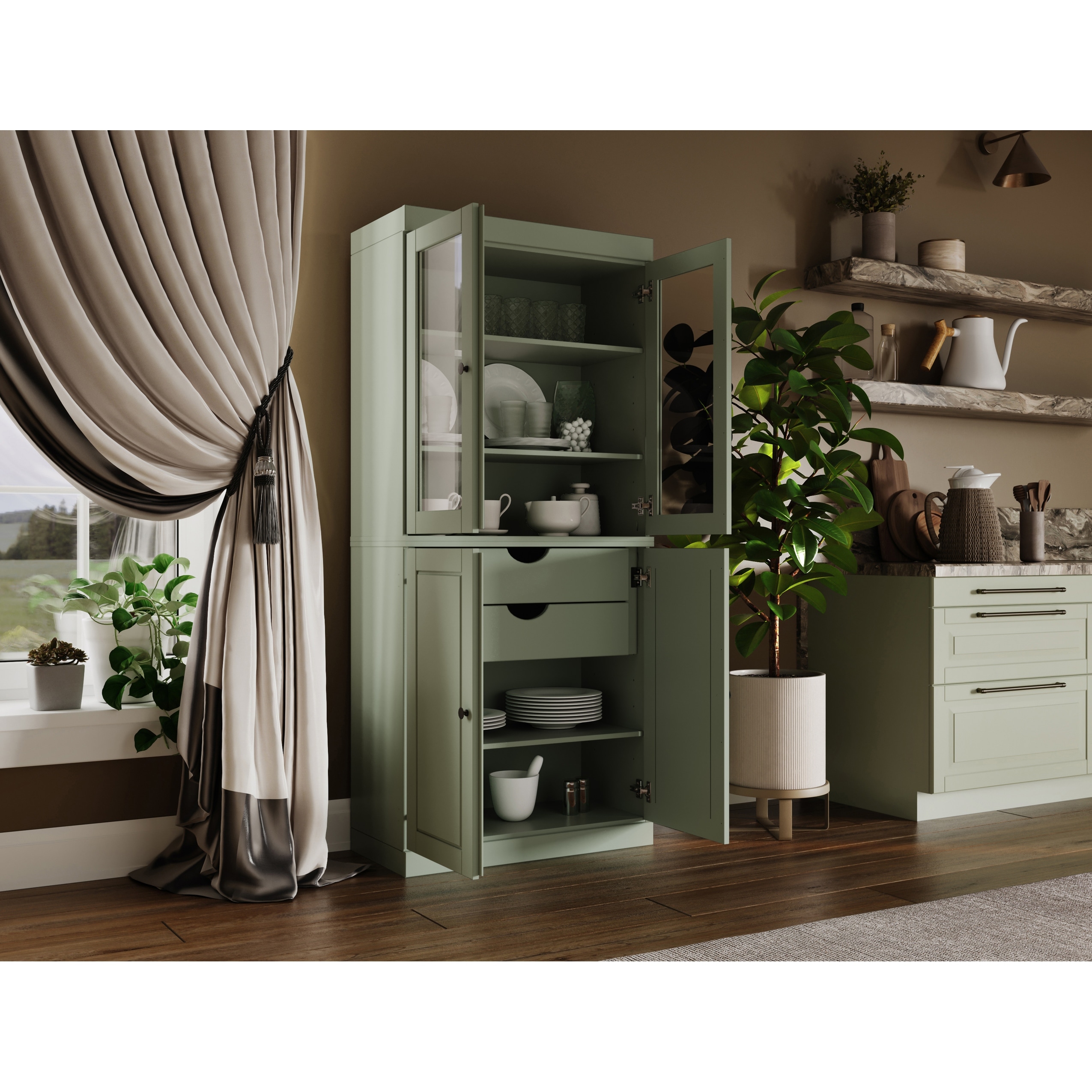 Palace Imports Solid Wood Pantry Cabinet, Raised Panel & Clear Glass Doors, 2 Drawers, Adjustable Shelves