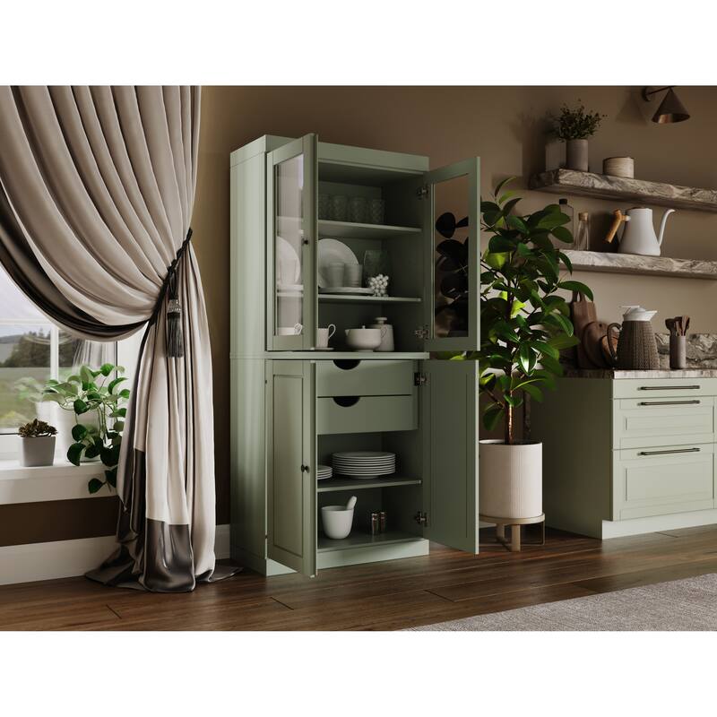 Palace Imports Solid Wood Pantry Cabinet, Raised Panel & Clear Glass Doors, 2 Drawers, Adjustable Shelves - Sage