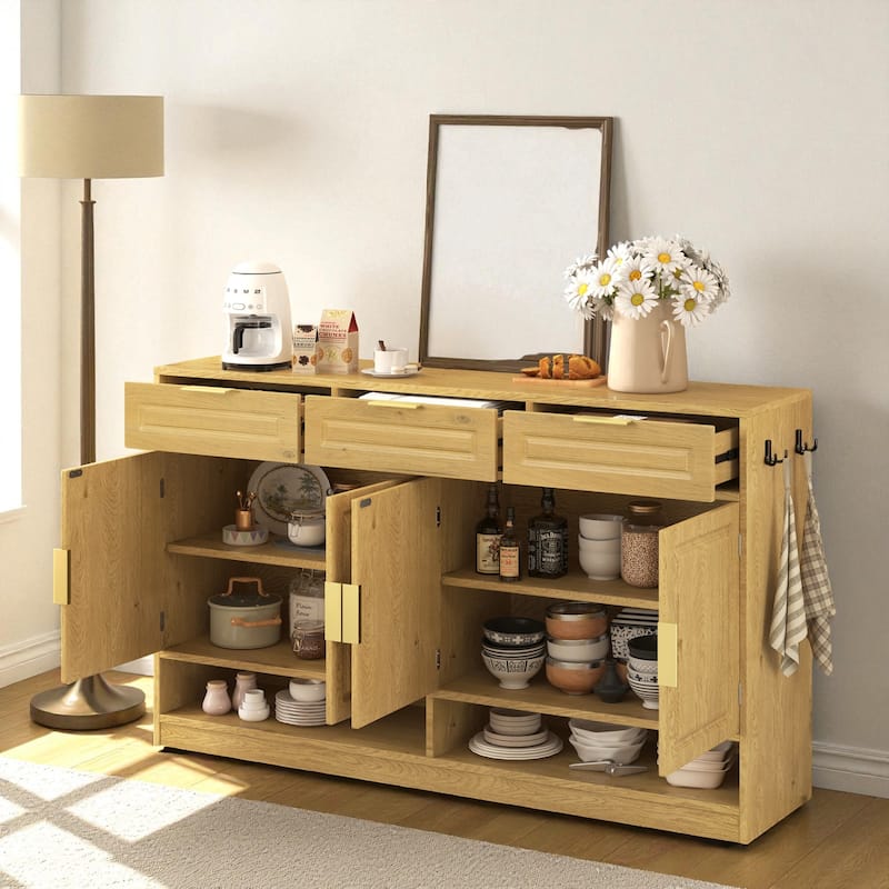 59.1" Farmhouse Sideboard Buffet with 3 Drawers, 4 Doors, Adjustable Shelf & Open Storage Compartments