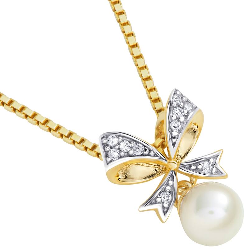 Oravo 14k Yellow Gold Freshwater Pearl Bow Tie Dangle Pendant Necklace