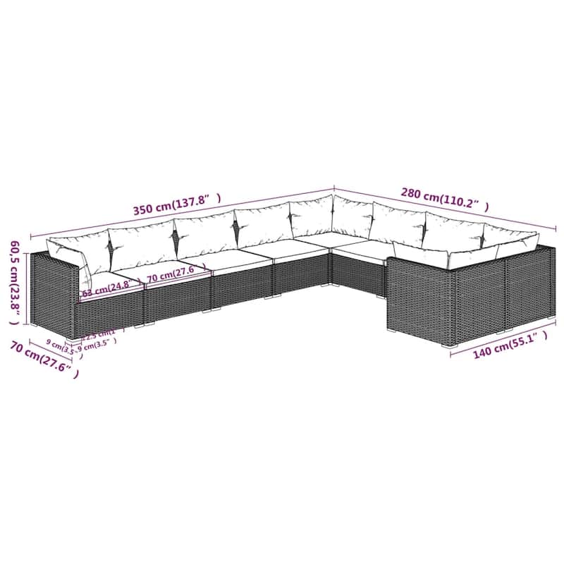 vidaXL Patio Lounge Set Outdoor Sectional Sofa Set Table Garden Poly Rattan - 27.6" x 27.6" x 23.8"