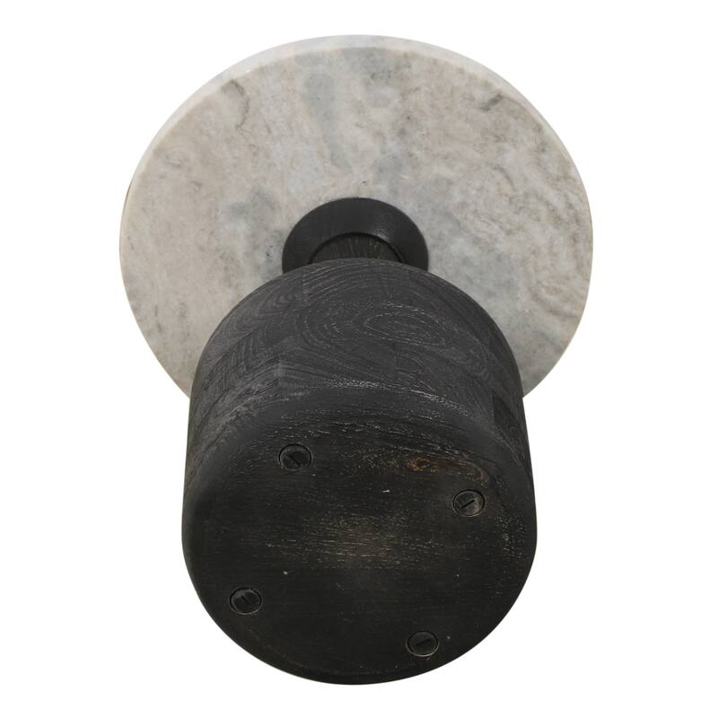 HomeRoots 21" White and Black Distressed Marble and Solid Wood Round Pedestal End Table - 18 in. x 21 in. x 18 in.