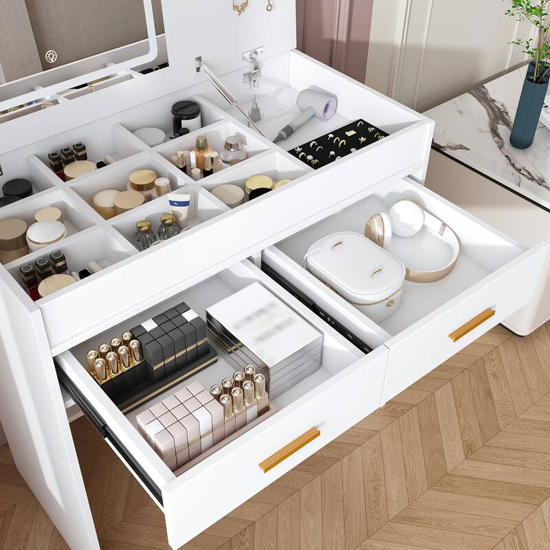 Vanity Desk with Flip Top LED Lighted Mirror & Power Outlet, Makeup Vanity Table with 2 Drawers, Open Storage & Jewelry Hooks
