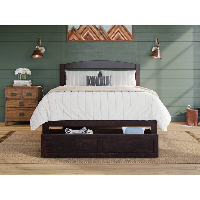 Solid Wood Platform Bed - Full Size Espresso - Storage Drawer & Charging Station - Modern Minimalist Design