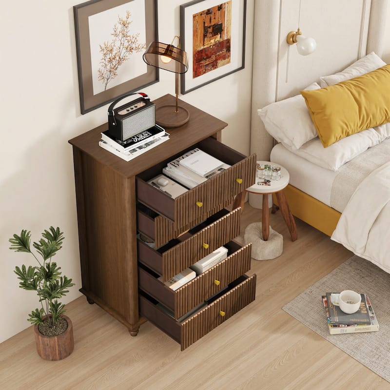 Fluted 5-Drawer Dresser in Walnut, Modern Wooden Organizer for All - Walnut