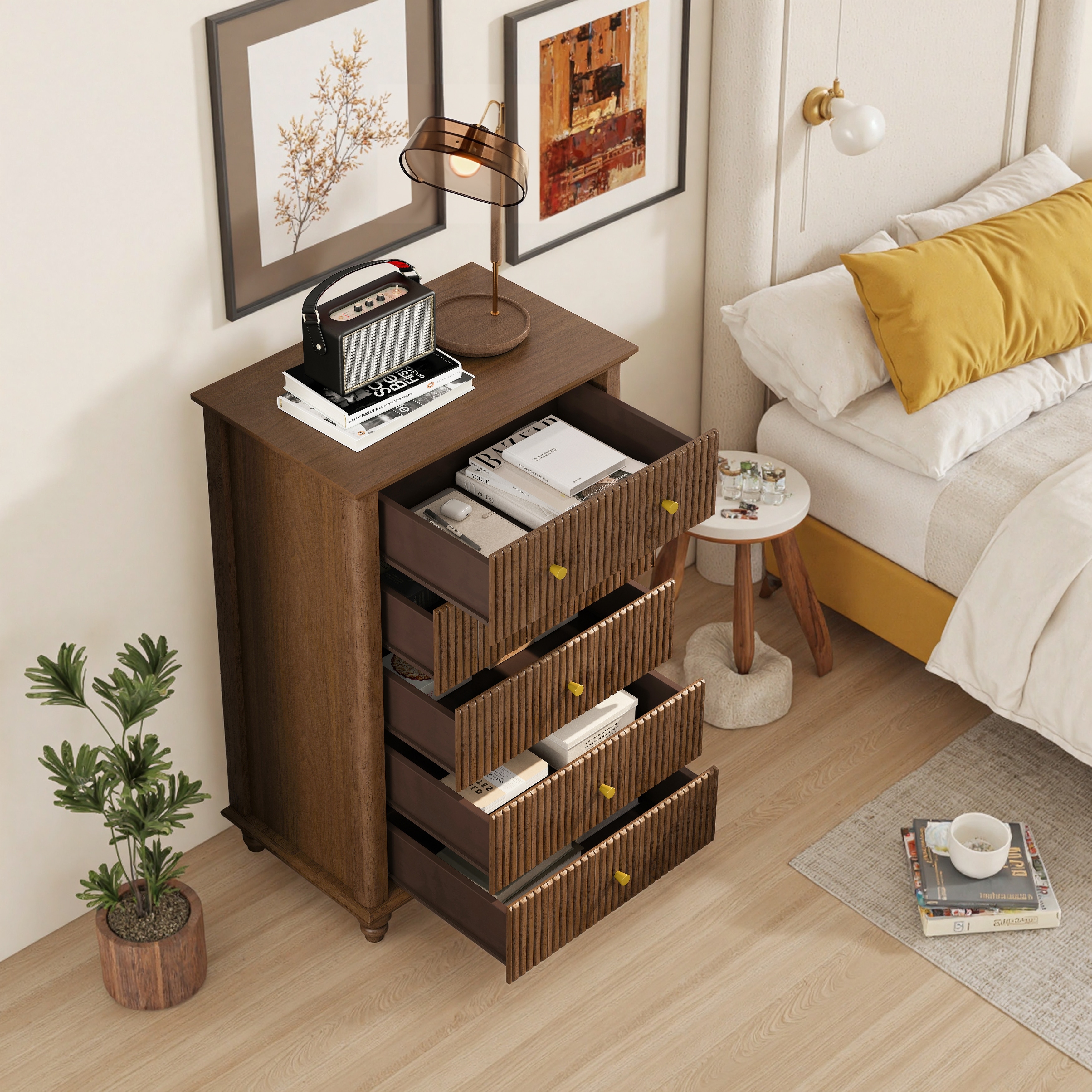 Fluted Five-Drawer Modern Chest Of Drawers With Metal Handle