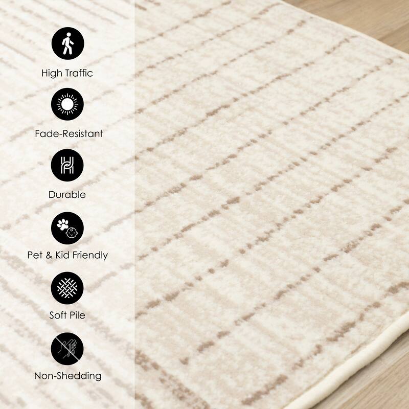 Beige Cream Geometric Stripes High-Traffic Rug