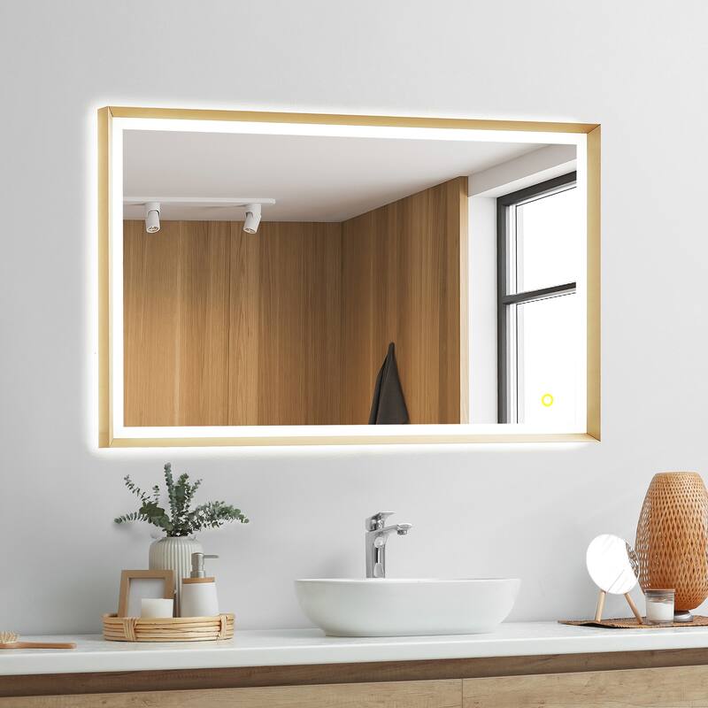 Apollo Rectangular Anti-Fog Dimmable Modern Bathroom/Vanity LED Lighted Wall Mirror in Brushed Gold Aluminum Framed - 48" x 30" - Brushed Gold
