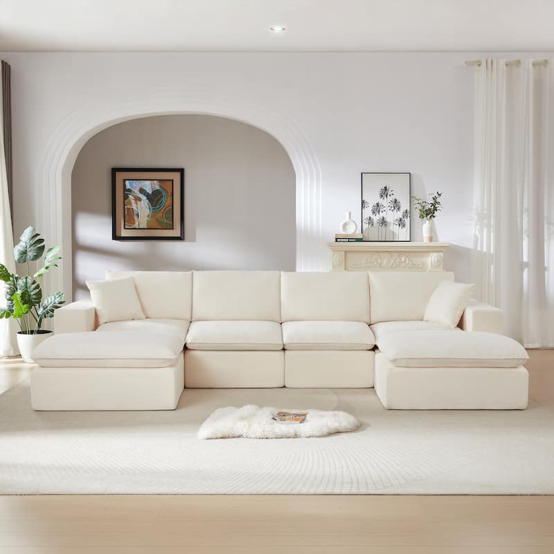 U-Shaped Sectional Sofa with 2 Ottomans, Oversized Chenille Upholstered Cloud Sofa, Deep Seat Sofa with Pillows