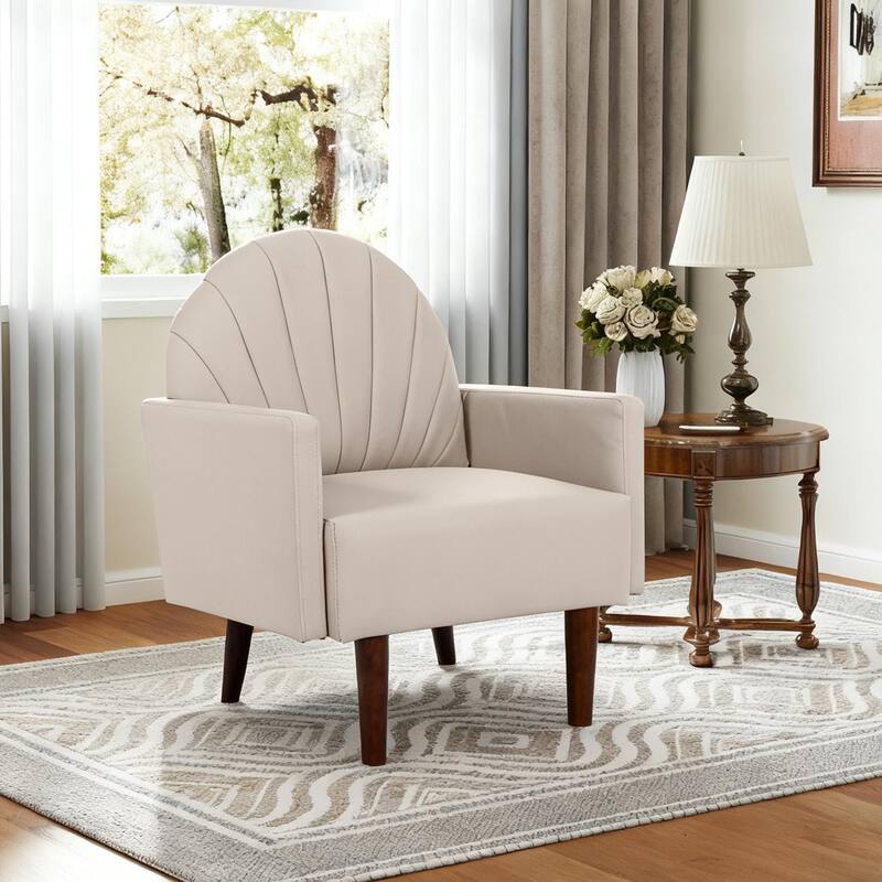 Contemporary Shell-shaped Amchair with Upholstery and Wooden Legs, Suitable for Living Rooms