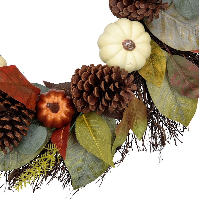 Autumn Harvest Pumpkin Pinecone and Gourd Grapevine Artificial Wreath - 24-Inch Unlit