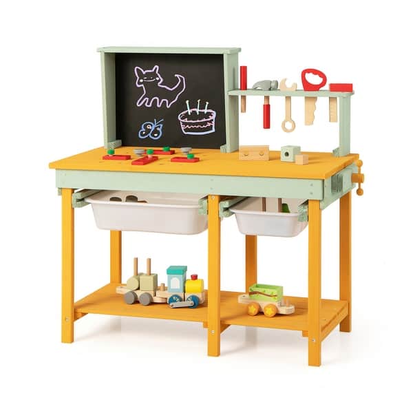 slide 2 of 9, Multicolor Kids Wooden Toy Workbench with 2 Storage Baskets and Blackboard - 33" x 14.5" x 31.5" (L x W x H) Kids