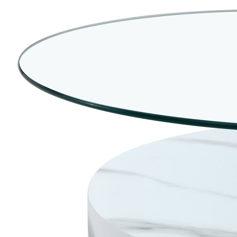 Roomfitters Double Layer Coffee Table with White Marble and Wood Grain Finish, Artistic Modern Design