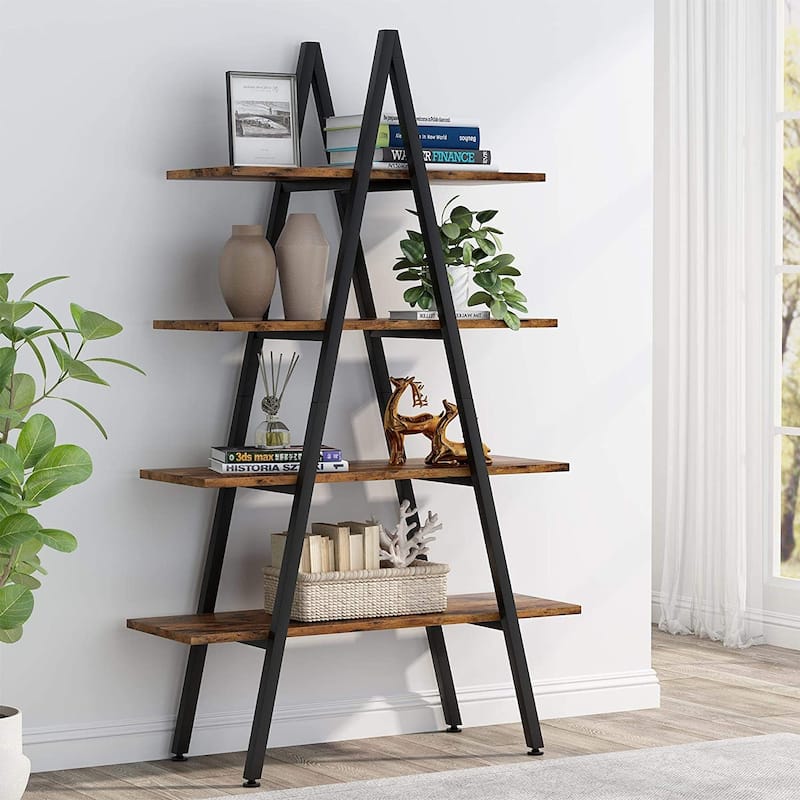 4-Tier Bookshelf Bookcase 4 Shelves Industrial Ladder Shelf, Brown and White - Brown