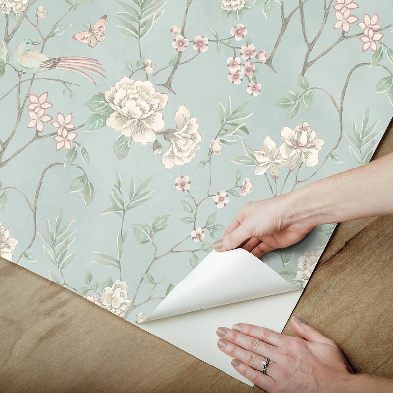 NuWallpaper Chinoiserie Garden Robins Egg Peel and Stick Wallpaper