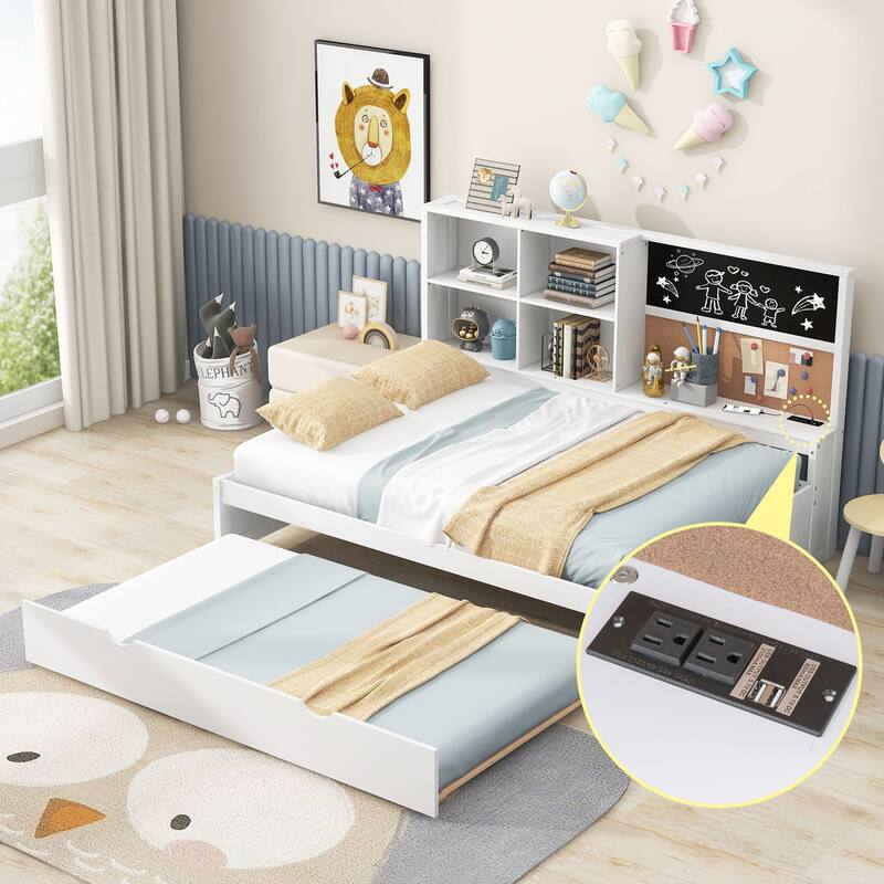 Full or Twin Size Daybed with Built-in Storage, Corkboard, USB Charging Ports, and Trundle