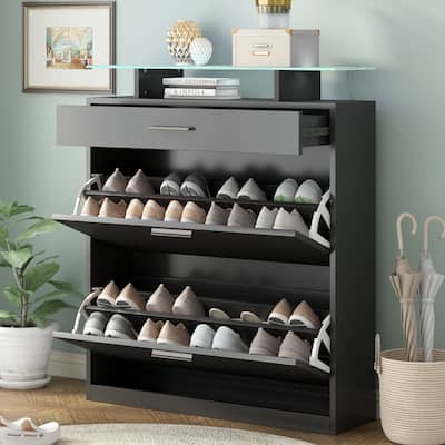 35 in.W Shoe Storage Cabinet with 2 Flip Drawers Tempered Glass Top - 2-Tier