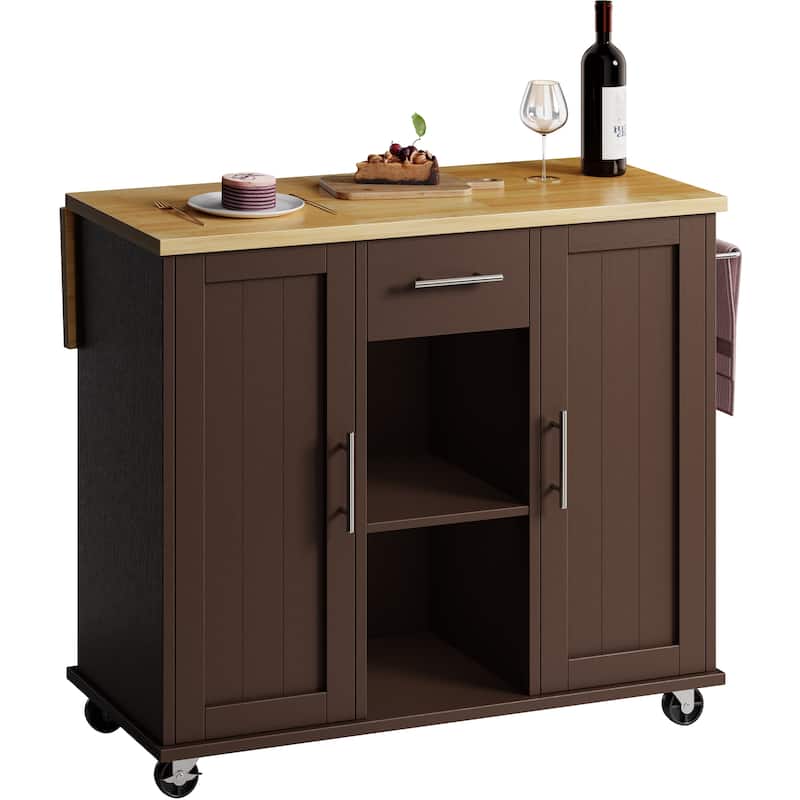 2-Door Kitchen Island with Drawer & Drop Leaf - Mobile Storage Cart on Lockable Wheels for Kitchen, Dining Room, Bar