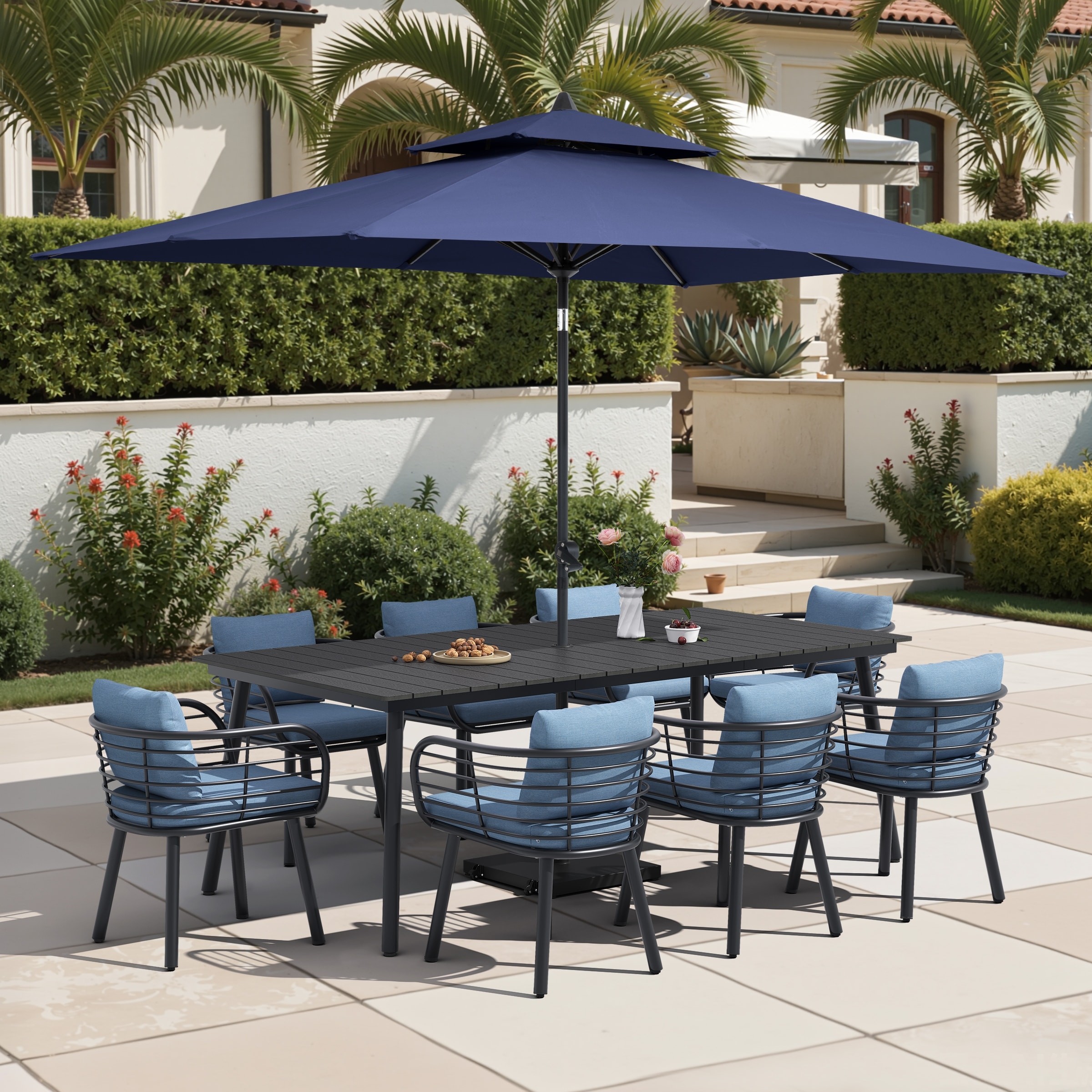 11-Piece Outdoor Patio Dining Set with Sunbrella Cushion Aluminum Dining Table and Chairs w/10 ft Umbrella and Base with Wheels